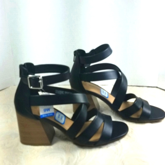 Sandal shoe black strappy Buckle zip 3" Block Heel Y2k Whimsigoth Wide Width - Picture 3 of 6